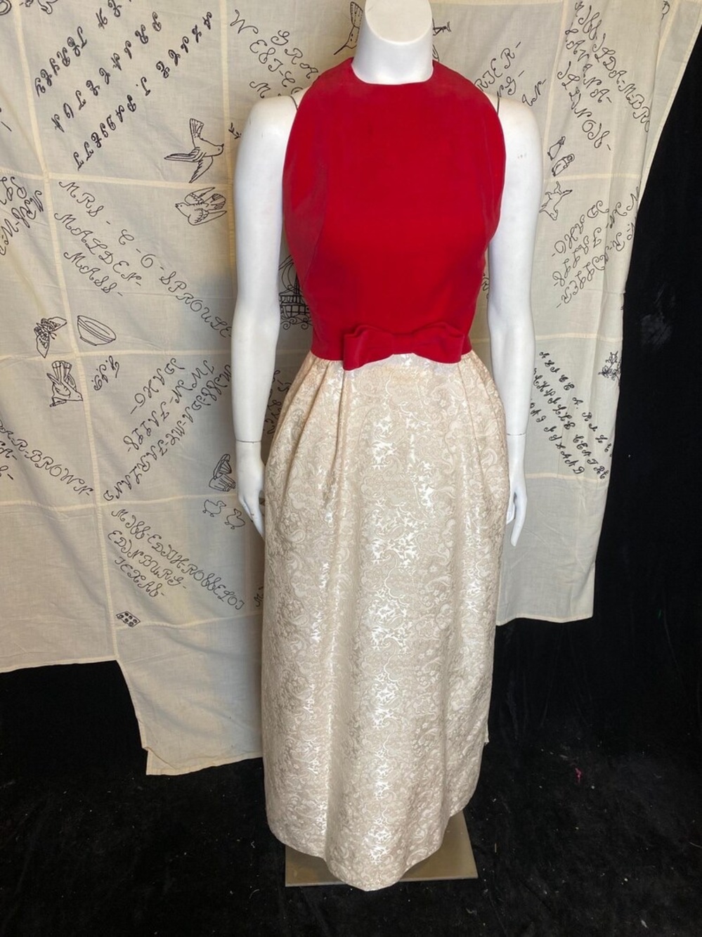 Vintage 1960’s Red Velvet and Cream White Brocade Formal Maxi Dress with Bow